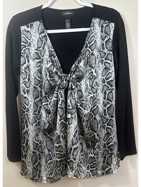 Karen Brooks L/S 2Fer Top, Black Snakeskin Print Tie Front Women's Sz Small